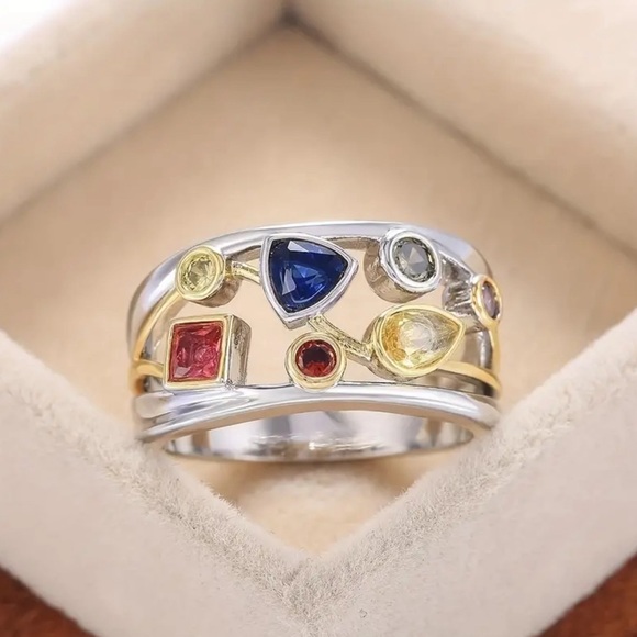Elegant Multi-color Stone Silver and Gold Ring - Picture 7 of 13
